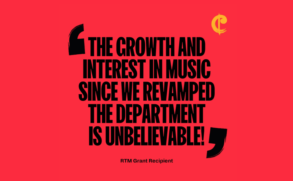 Red background, black text: "The growth and interest in music since we revamped the department is unbelievable."