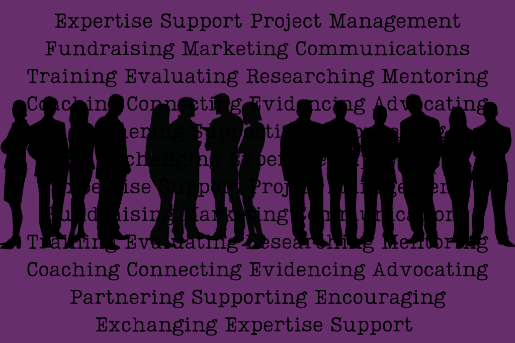 Silhouettes of lots of people against a purple background with words written, onto it, which are associated with freelancing eg Expertise Support Project Management Fundraising Marketing Communications Training Evaluating