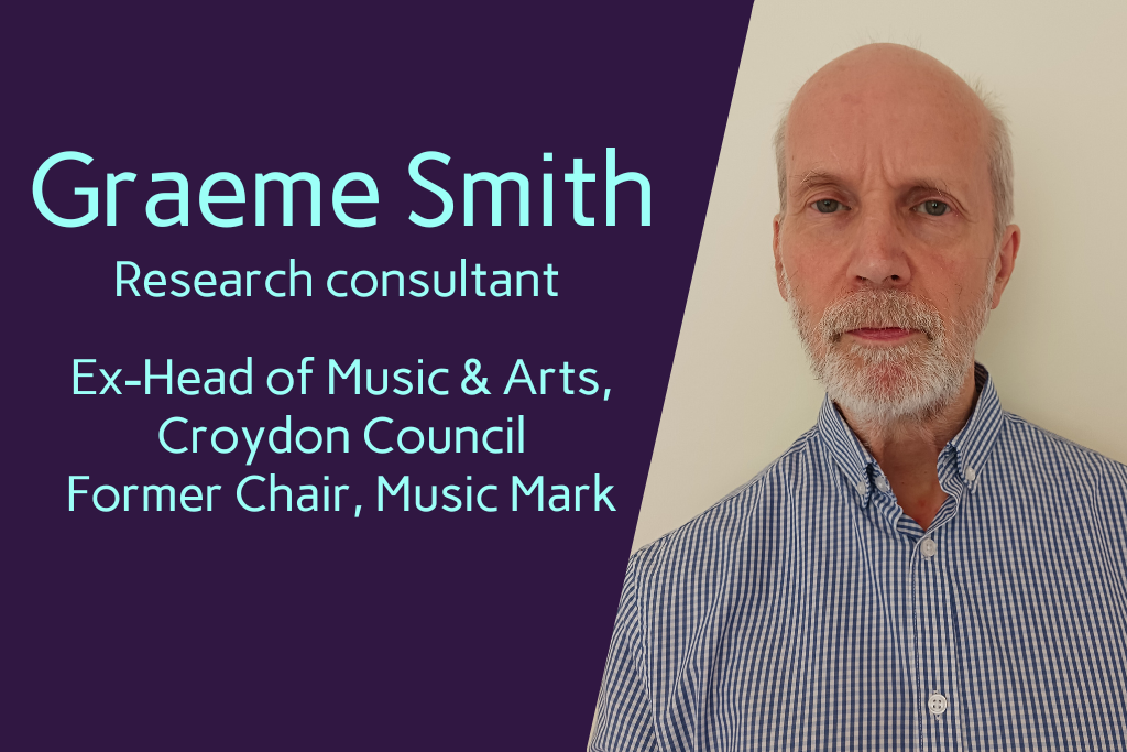 Photo of a man with short grey/white hair and a beard, wearing a checked shirt. To the left is writing saying: Graeme Smith, Research consultant, Ex-Head of Music & Arts, Croydon Council, former Chair, Music Mark