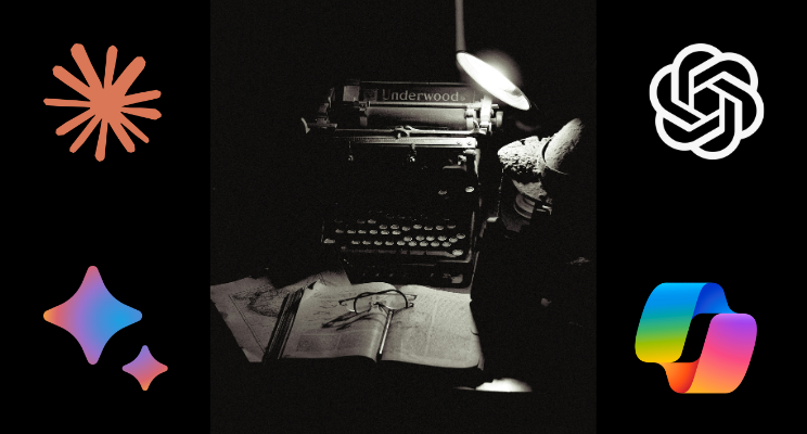 An old fashioned typewriter, a book and glasses, in a darkened space, lit by a lamp, surrounded by AI logos eg ChatGPT etc