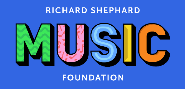 Colourful patterned letters on a blue background spelling out the name: Richard Shephard Music Foundation